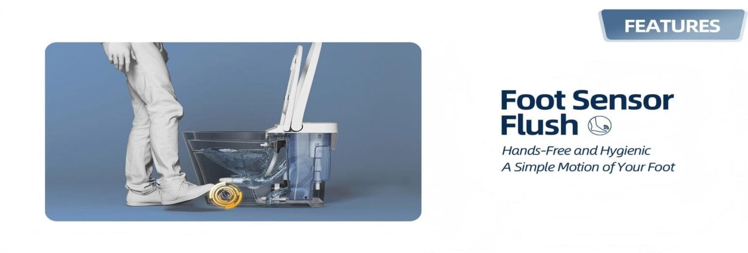Illustration of a smart toilet foot-sensor flush function
