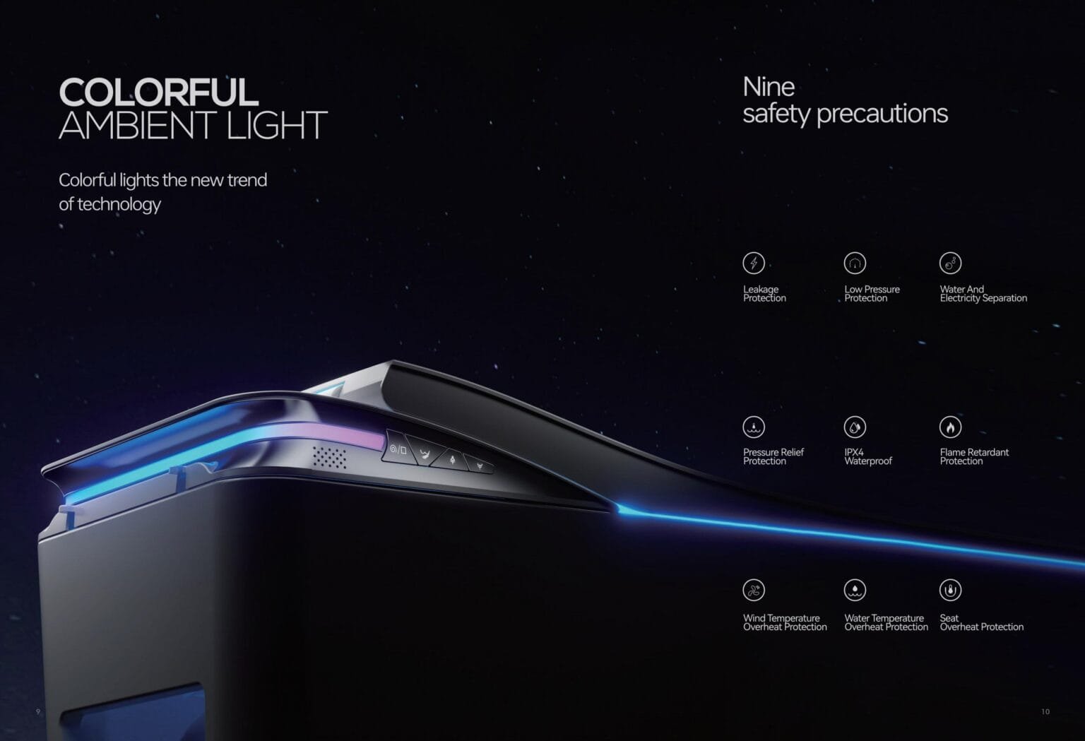 Smart toilet brochure image showing coloured ambient lighting
