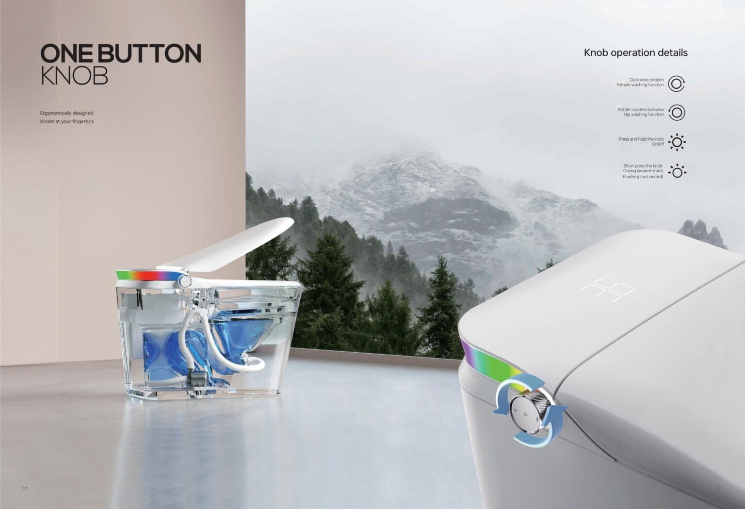 Smart toilet one-button control illustration with a flushing-system cutaway