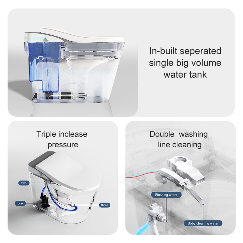 9CREAT K1 smart toilet internal design featuring a built-in separated water tank, triple pressure increase, and dual washing lines for absolute hygiene.