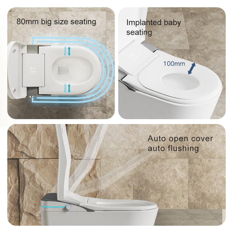 9CREAT K1 family smart toilet featuring an 80mm adult seat, a 100mm built-in baby seat, and hands-free auto flushing.