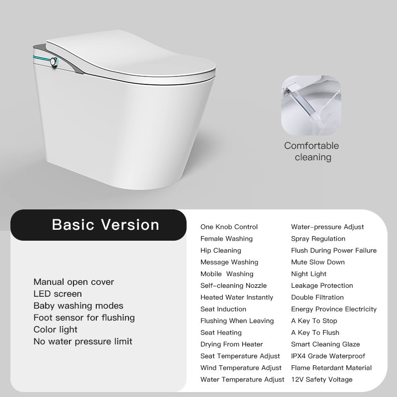 Basic version specification matrix of the 9CREAT K1 smart toilet, highlighting instant heating and IPX4 waterproof features.