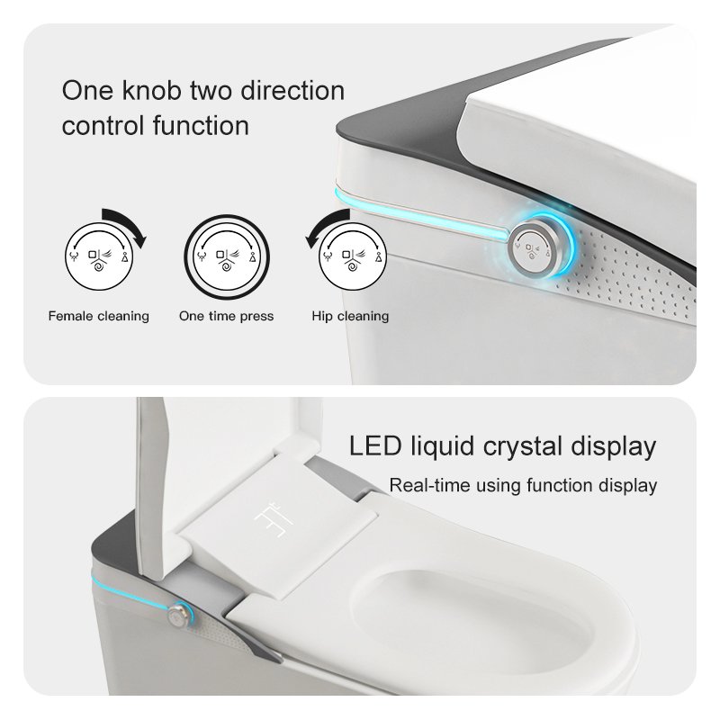 LED liquid crystal display and two-direction control knob for female and hip cleaning on the 9CREAT K1 smart toilet.