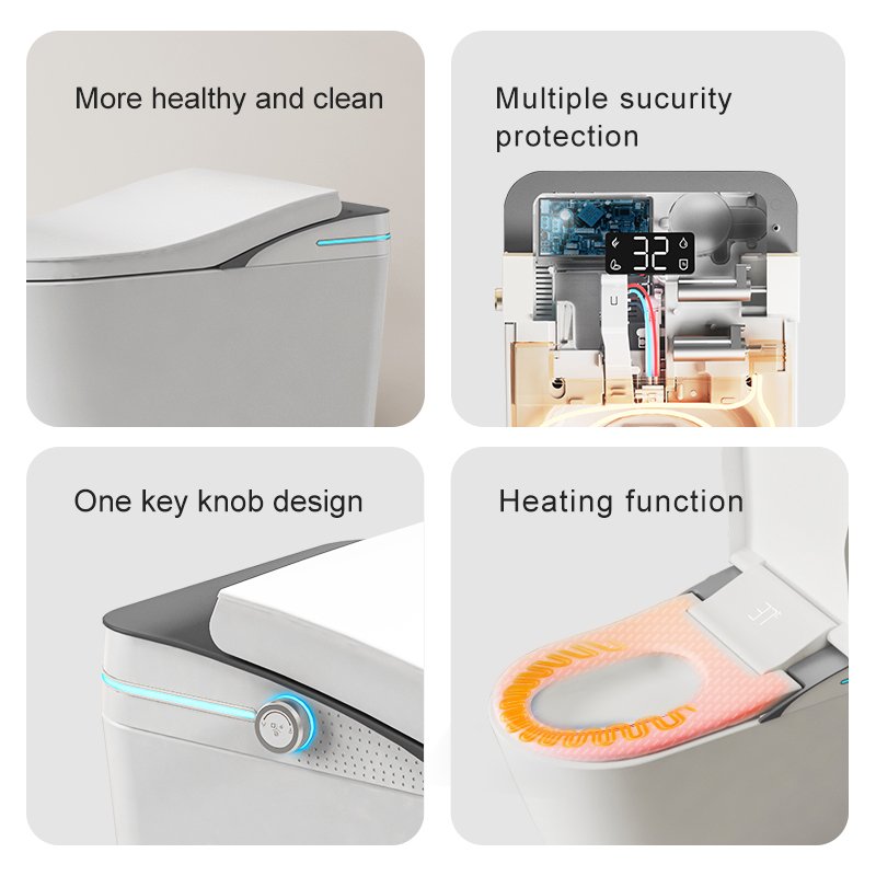 Internal engineering view of the 9CREAT K1 smart toilet showcasing multiple security protections, seat heating, and one-key knob design.