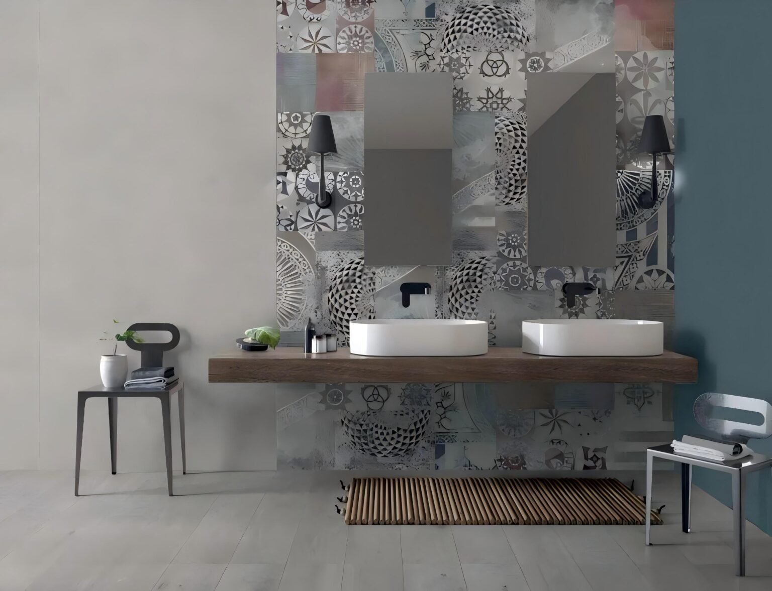 Bathroom interior with wooden vanity, wall-hung toilet and shower enclosure