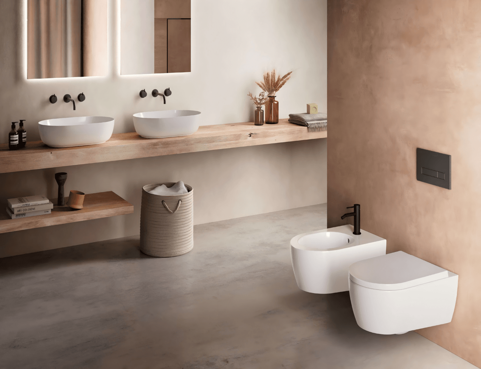 Bathroom interior with double countertop basins and wall-hung toilet