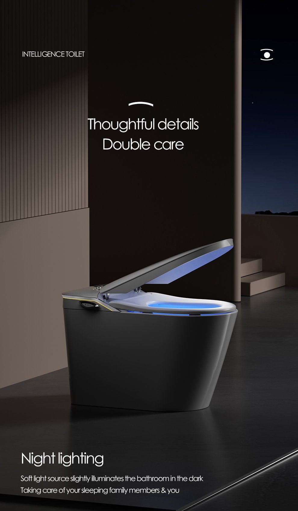 Soft LED night lighting feature inside the U6 intelligent bidet bowl for safe nighttime bathroom use.