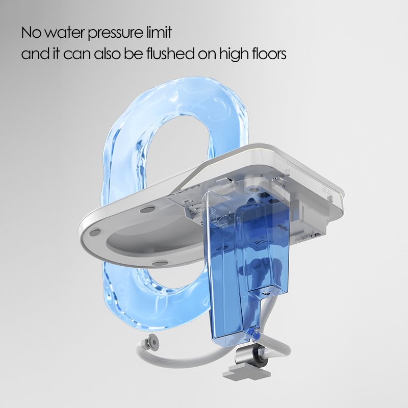 Internal view of the U6 smart toilet featuring a built-in water tank and booster pump with no water pressure limit for high floors.