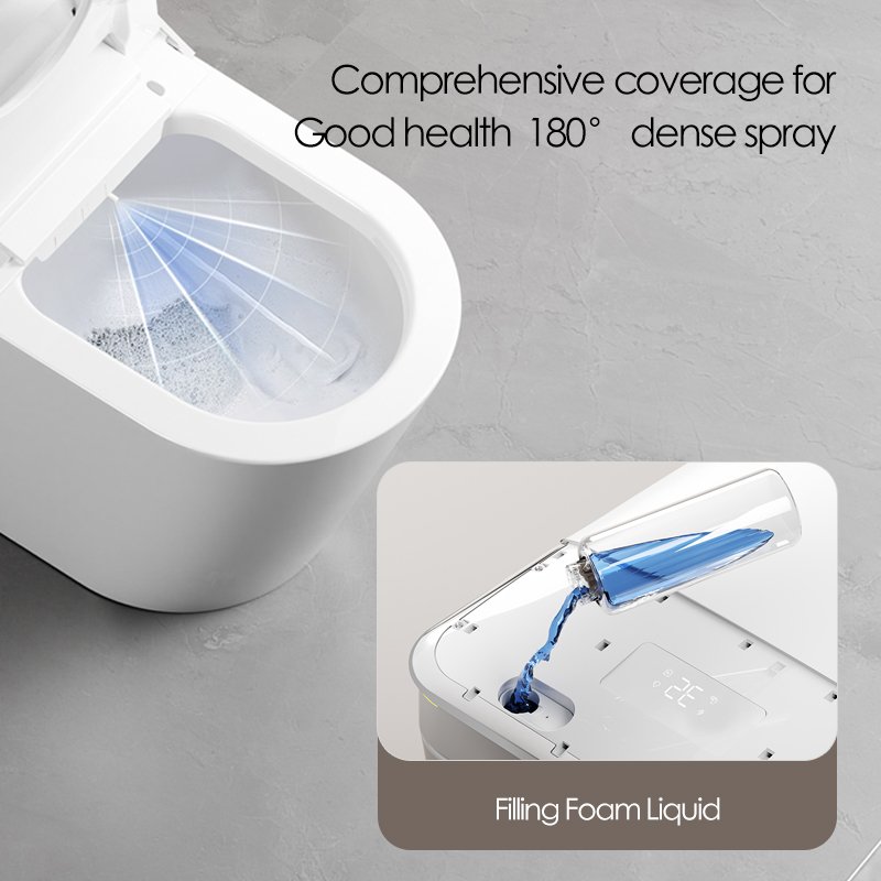 Built-in foam liquid container and 180 degree dense spray nozzle on the 9CREAT U6 intelligent bidet.