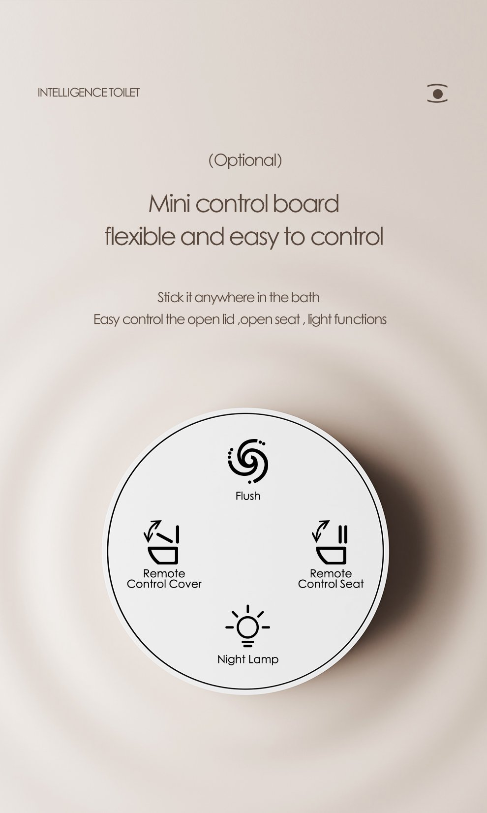 Optional wireless mini control board for the 9CREAT U6 smart toilet allowing flexible wall mounted operation.