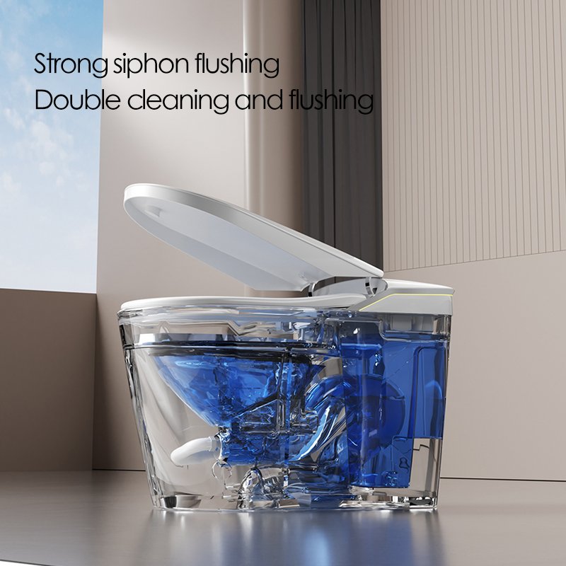 Transparent engineering view of the strong siphon flushing and double cleaning system inside the 9CREAT bidet.