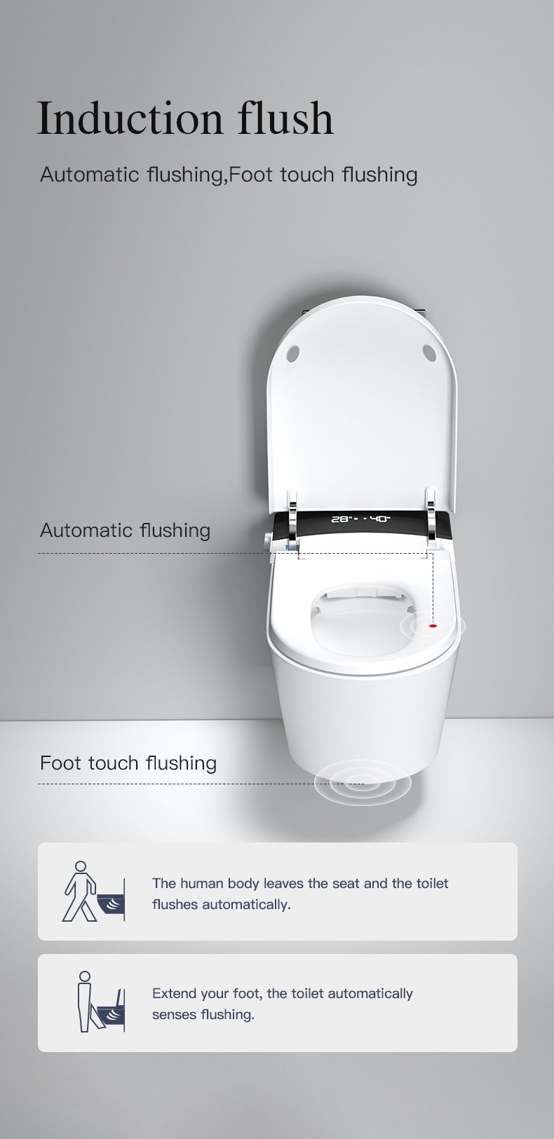 Touchless automatic flushing and foot sensor technology on 9CREAT intelligent toilet for hygienic commercial bathrooms