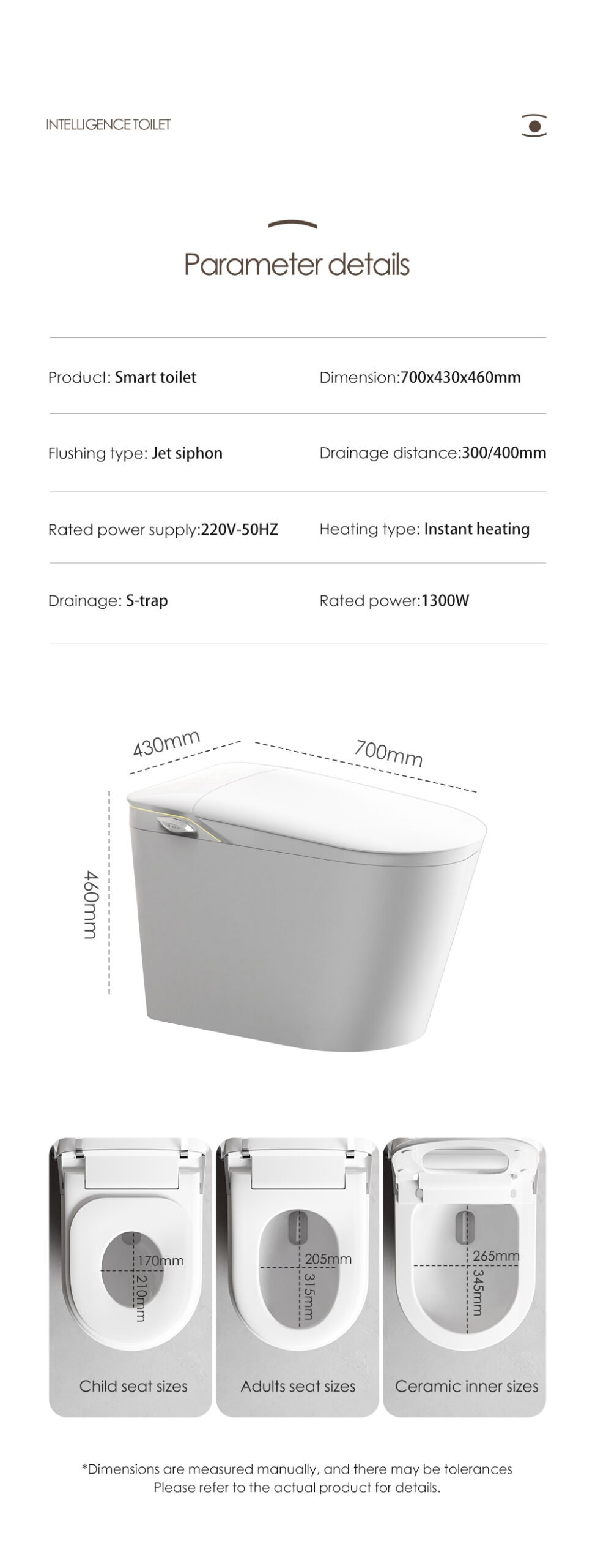 Detailed 700x430x460mm dimensions, S-trap drainage, and jet siphon flushing specifications for wholesale sourcing.