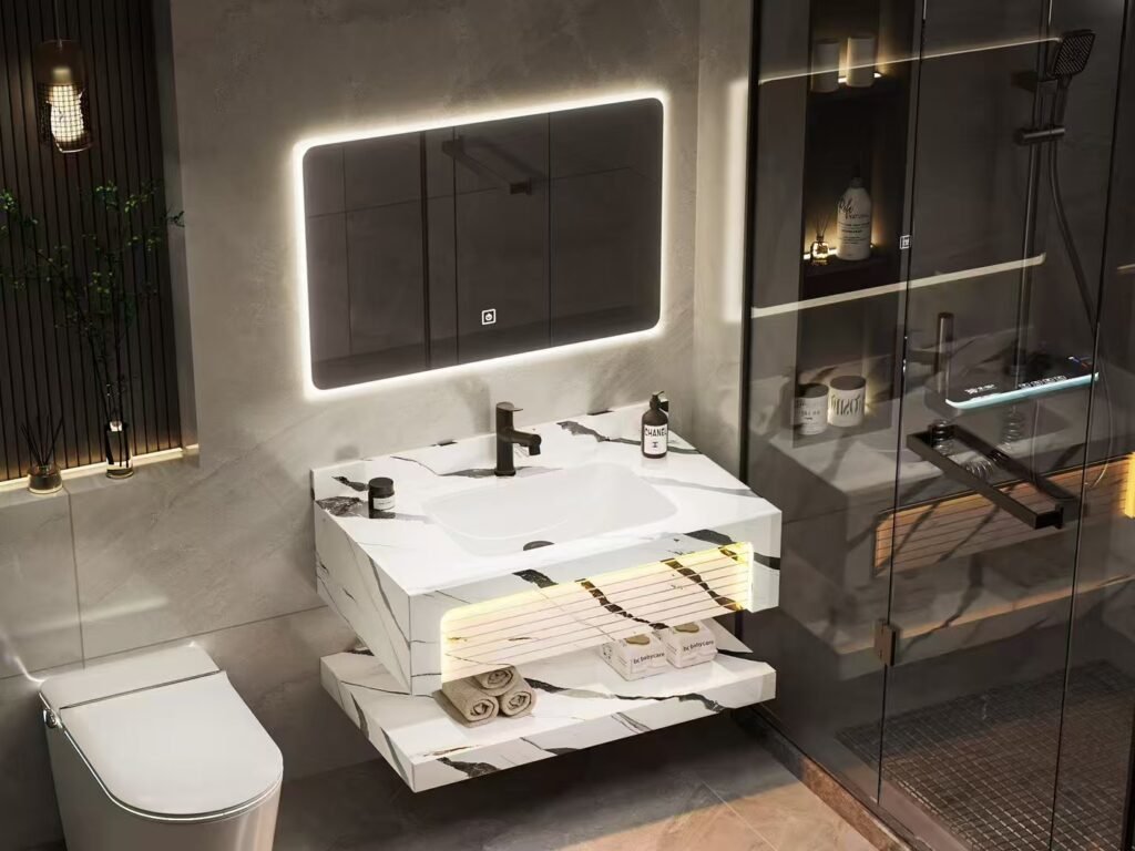 Rock slab bathroom cabinet with integrated basin