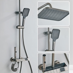 Gunmetal Gray Shower Set 8005 with hydropower LED display, 4 functions, anodized finish, brass waterway, aluminum body, and stainless steel parts.