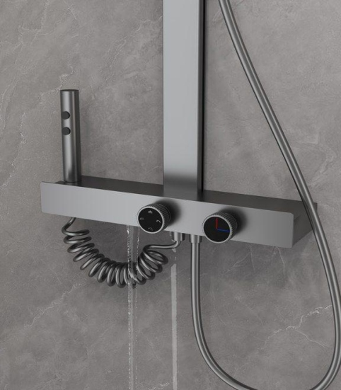 Gunmetal Gray Shower Set U17 with 4 spray modes, brass water channel, anodized finish, stainless steel rail, and high-pressure shower performance.