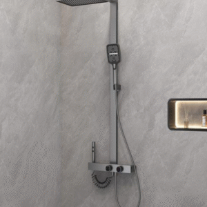 Gunmetal Gray Shower Set U17 with 4 spray modes, brass water channel, anodized finish, stainless steel rail, and high-pressure shower performance.