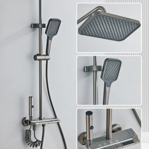 Gunmetal Gray Shower Set 8236 with hydropower LED temperature display, 4 spray modes, brass waterway, aluminum body, and stainless steel frame. Only .9.