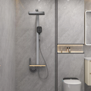 U15 hydro-powered LED shower system with brass waterway, anti-block aluminum body, stainless steel hardware, and multifunction ABS hand shower.