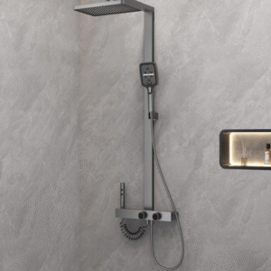 9CREAT U20 LED hydropower shower set with 4 spray modes, brass internal channel, stainless steel structure, and modern gunmetal finish.