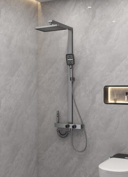 9CREAT U20 LED hydropower shower set with 4 spray modes, brass internal channel, stainless steel structure, and modern gunmetal finish.
