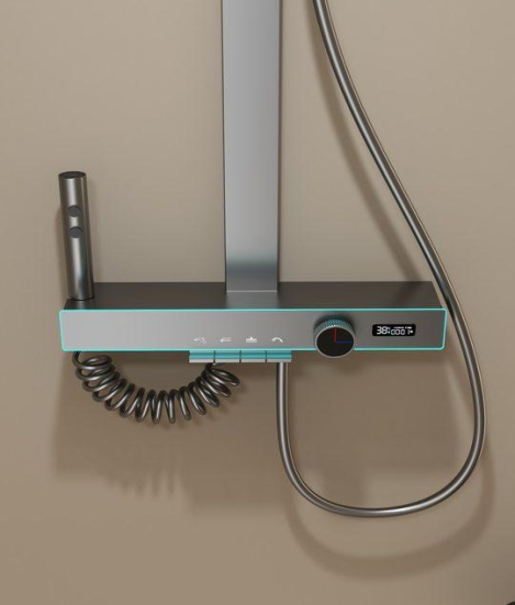 9CREAT U18 gunmetal LED shower set with hydropower display, 4 spray modes, brass waterway, stainless steel frame, and high-pressure performance.