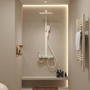 9CREAT U20 LED hydropower shower set with 4 spray modes, brass internal channel, stainless steel structure, and modern gunmetal finish.