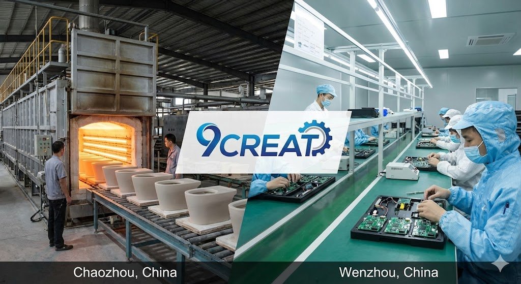 9CREAT dual manufacturing bases in Chaozhou and Wenzhou for smart toilets.