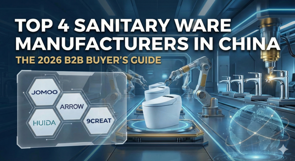 Featured image for the 2026 B2B Buyer's Guide article listing the top 4 sanitary ware manufacturers in China: Jomoo, Arrow, Huida, and 9CREAT, set against a backdrop of a smart toilet and faucet automated production line.