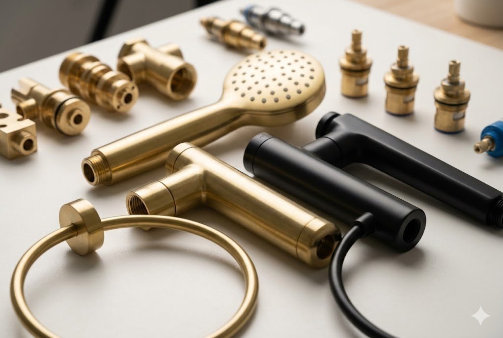 Detailed close-up of high-quality, custom OEM bathroom hardware by 9CREAT, featuring solid brass components with flawless PVD brushed gold and matte black finishes