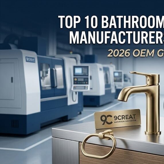 A professionally arranged set of high-end bathroom hardware, including a brushed gold solid brass faucet, matte black rain shower head, and matching fixtures, resting on a brushed metal and wood surface. Bold text above the products reads 'TOP 10 BATHROOM HARDWARE MANUFACTURERS IN CHINA' and '2026 OEM GUIDE', with the integrated '9CREAT BATHROOM INNOVATION' trademark. The background subtly shows a modern manufacturing facility with a map of China and global connections