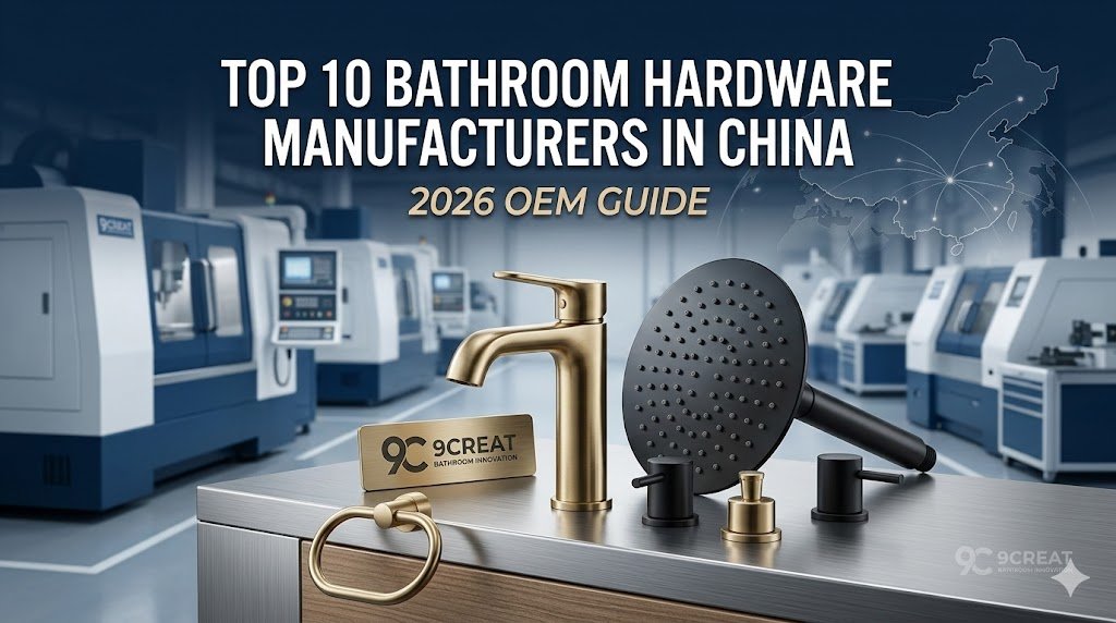 A professionally arranged set of high-end bathroom hardware, including a brushed gold solid brass faucet, matte black rain shower head, and matching fixtures, resting on a brushed metal and wood surface. Bold text above the products reads 'TOP 10 BATHROOM HARDWARE MANUFACTURERS IN CHINA' and '2026 OEM GUIDE', with the integrated '9CREAT BATHROOM INNOVATION' trademark. The background subtly shows a modern manufacturing facility with a map of China and global connections