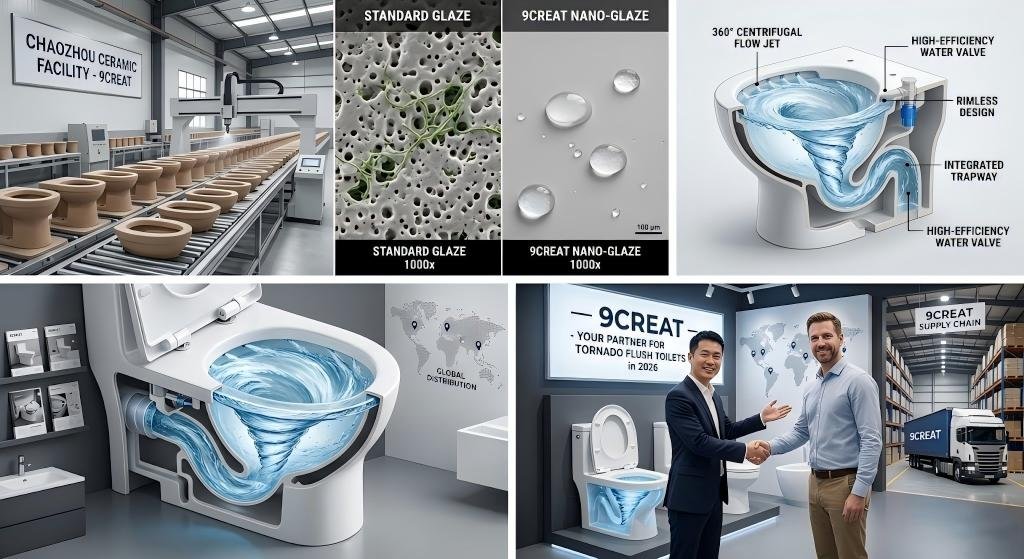 Discover why B2B buyers prefer Tornado flush toilets. Gavin from 9CREAT explains how our rimless ceramic toilets solve hygiene issues for global projects