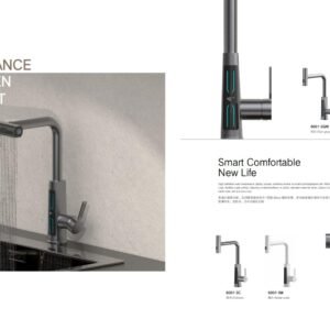Smart Raindance kitchen faucet 6001-3GM with LED temperature display and pull-out waterfall spray.
