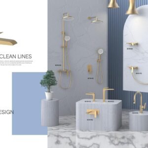 Minimalist 6018 series solid brass bathroom faucet suite for luxury real estate projects.