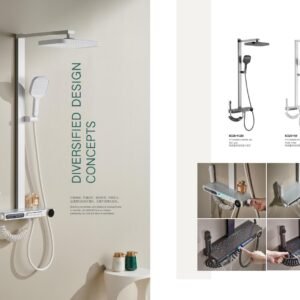 9CREAT 8028-4GM 4-function shower set featuring a wide integrated tempered glass storage shelf.