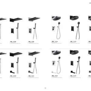 9creat catalog page 21: 3-function concealed shower systems with rainfall and handheld modes. Luxury project hardware supplier.