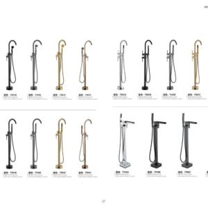 9creat catalog page 27 featuring floor standing tub mixers. Available in chrome, matte black, and brushed gold for designers.