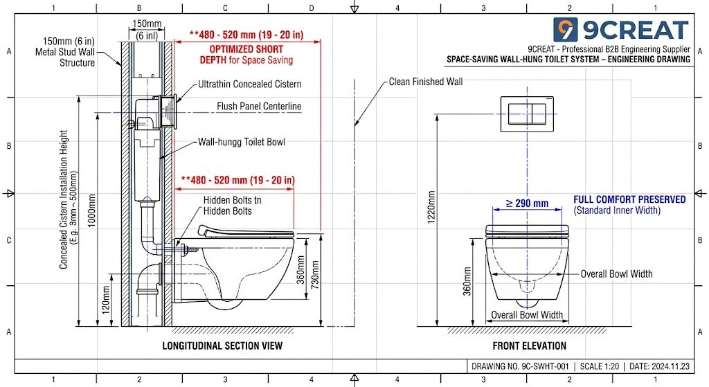 Precise 9CREAT engineering blueprint for a concealed wall-hung toilet system, detailing optimized space-saving dimensions of 19-20 inches in depth while preserving a comfortable ≥290mm seat inner width.