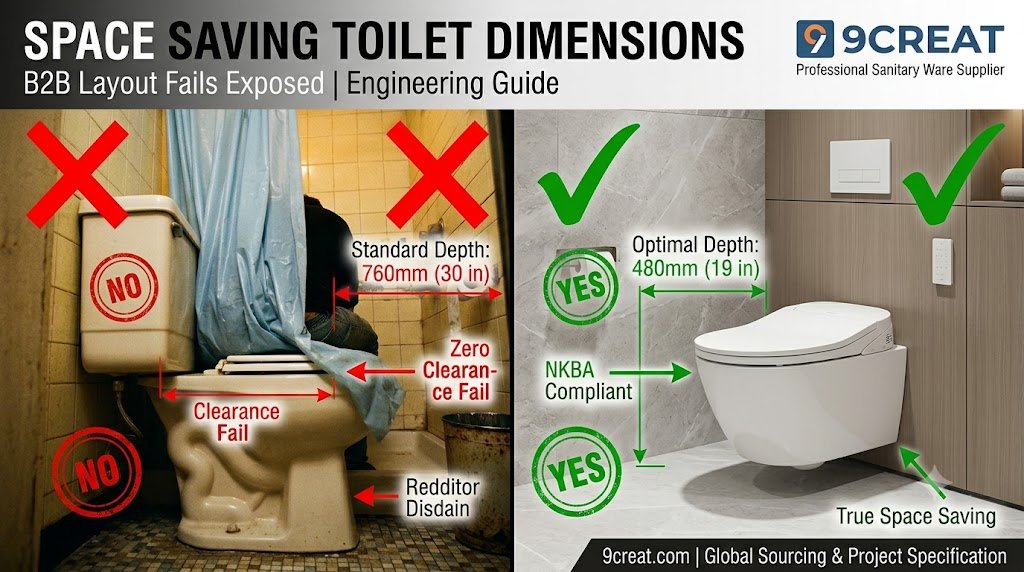 A split-screen comparison highlighting space saving toilet dimensions. The left side shows a B2B layout failure with a standard depth toilet lacking clearance, marked with red crosses. The right side features a 9CREAT wall-hung smart toilet demonstrating an optimal 19-inch depth and NKBA compliance, marked with green checkmarks.