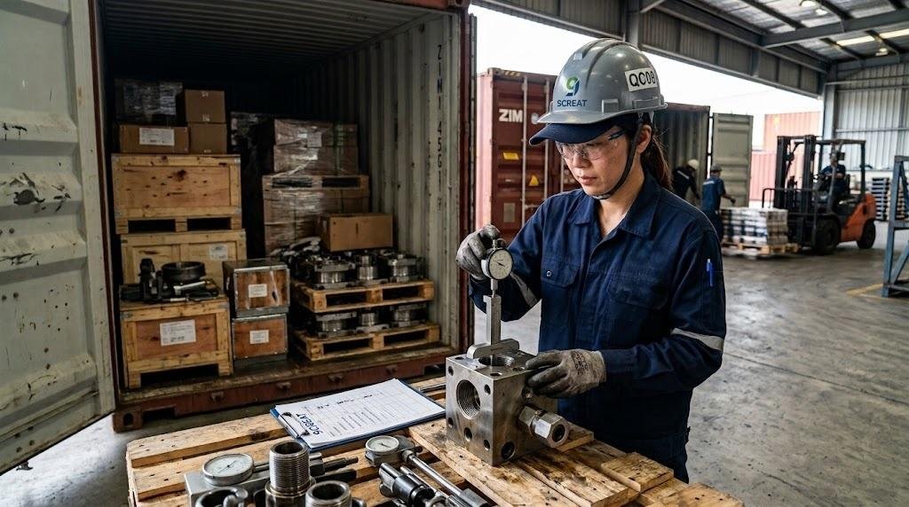 A female quality control specialist, wearing a gray hard hat emblazoned with “SCREAT” and “QC08” and a navy blue work jacket bearing the words “QC 9CREAT” and “QUALITY CONTROL,” is inspecting precision metal parts with a micrometer on a workbench in an industrial warehouse. Behind her are ZIM Shipping containers, forklifts, and other warehouse equipment.