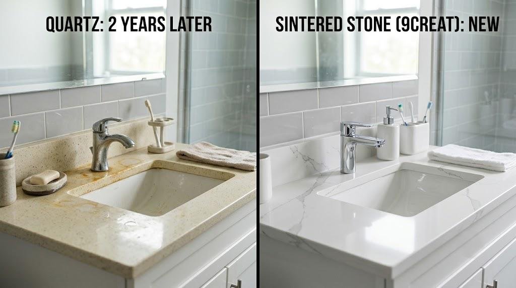 Illustrated side-by-side comparison of stained and light-coloured bathroom vanity tops