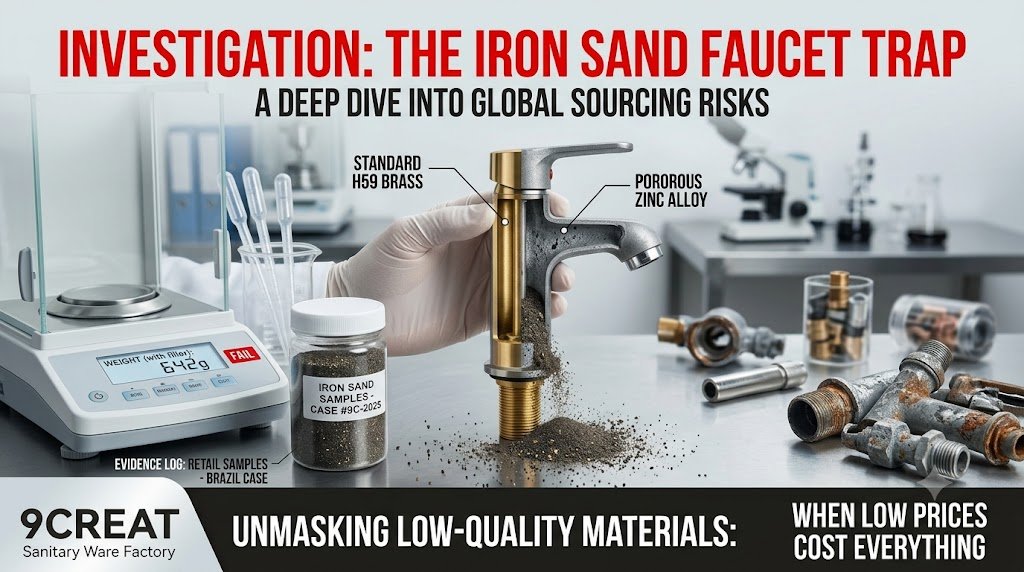 Cross-section of a fake brass faucet cut in half, revealing cheap zinc alloy and industrial iron sand filler used to mimic heavy brass. Quality control investigation by 9CREAT Sanitary Ware manufacturer.