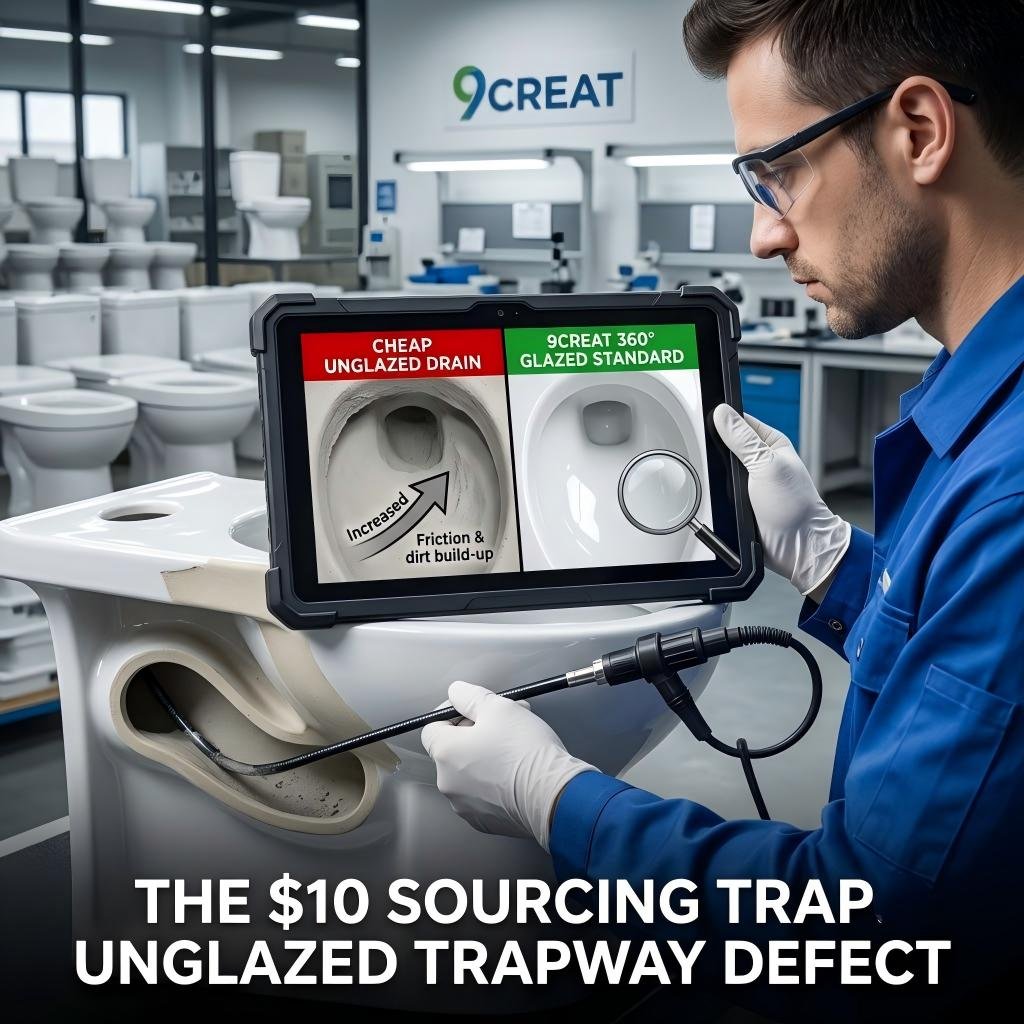 A QC inspector in safety gear uses an endoscope to compare a rough, cheap unglazed toilet trapway with a smooth, fully glazed 9CREAT standard trapway, demonstrating a sourcing trap.
