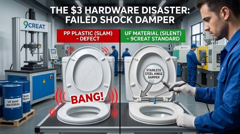 A QC inspector tests and compares a cheap, slamming PP plastic toilet seat with a durable, silent 9CREAT UF material seat, highlighting a failed shock damper and stainless steel hinge.
