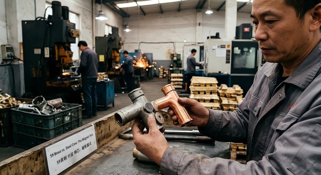 A factory worker conducts a magnet test on a faucet base, demonstrating why a reliable B2B sanitary ware supplier uses solid 59 brass instead of cheap steel.