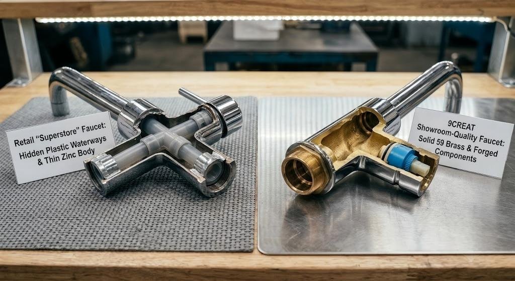A side-by-side cross-section comparing a cheap retail faucet with plastic internals against a showroom-quality solid brass faucet from a professional B2B sanitary ware supplier.