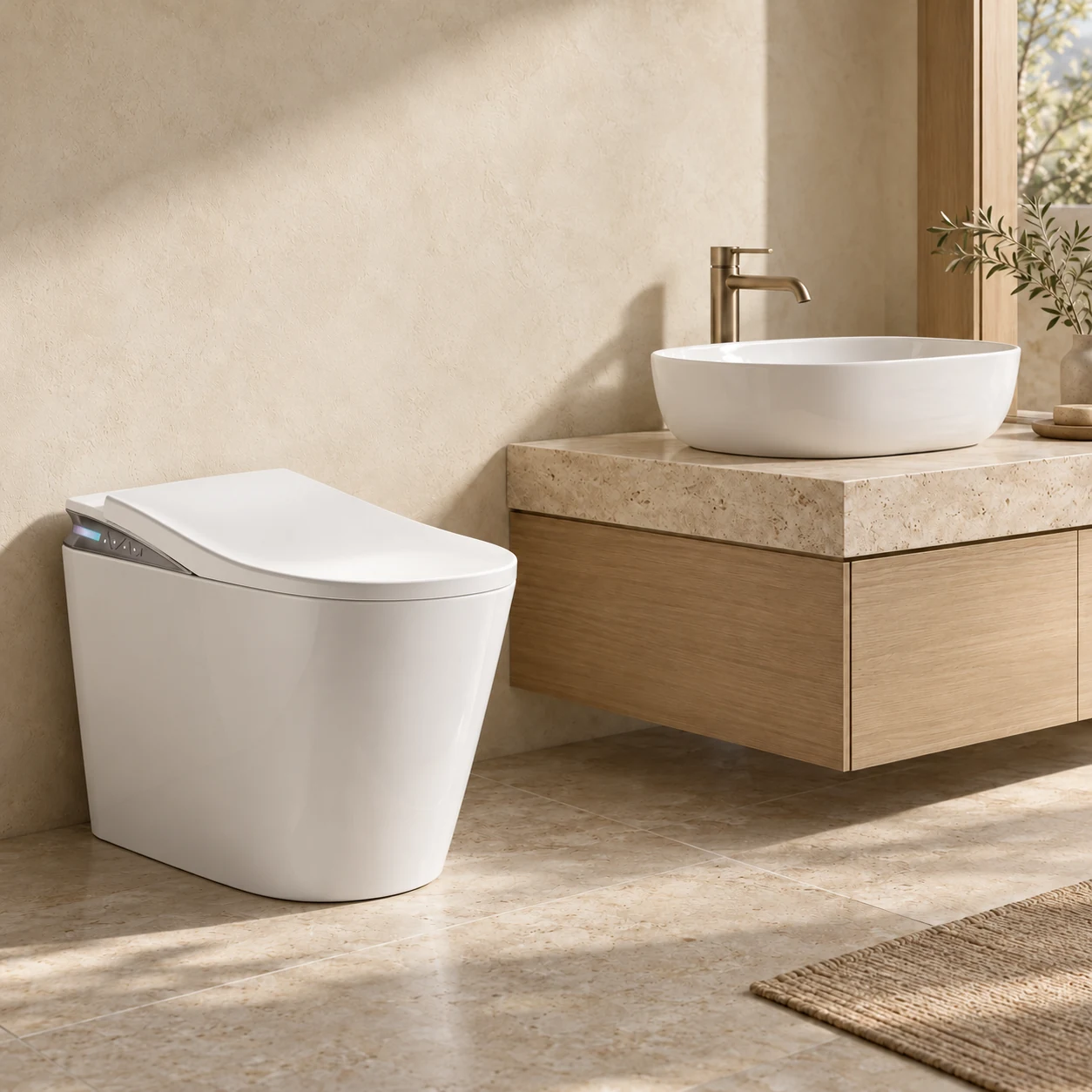 Bathroom products selection with a smart toilet, countertop basin and wood vanity
