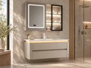 Bathroom vanity and mirror cabinet scene Floating bathroom vanity and matching illuminated mirror cabinet in a stone bathroom