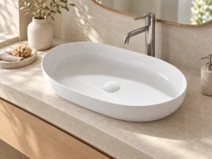 Ceramic basin bathroom scene Oval white ceramic basin on a stone countertop above an oak vanity